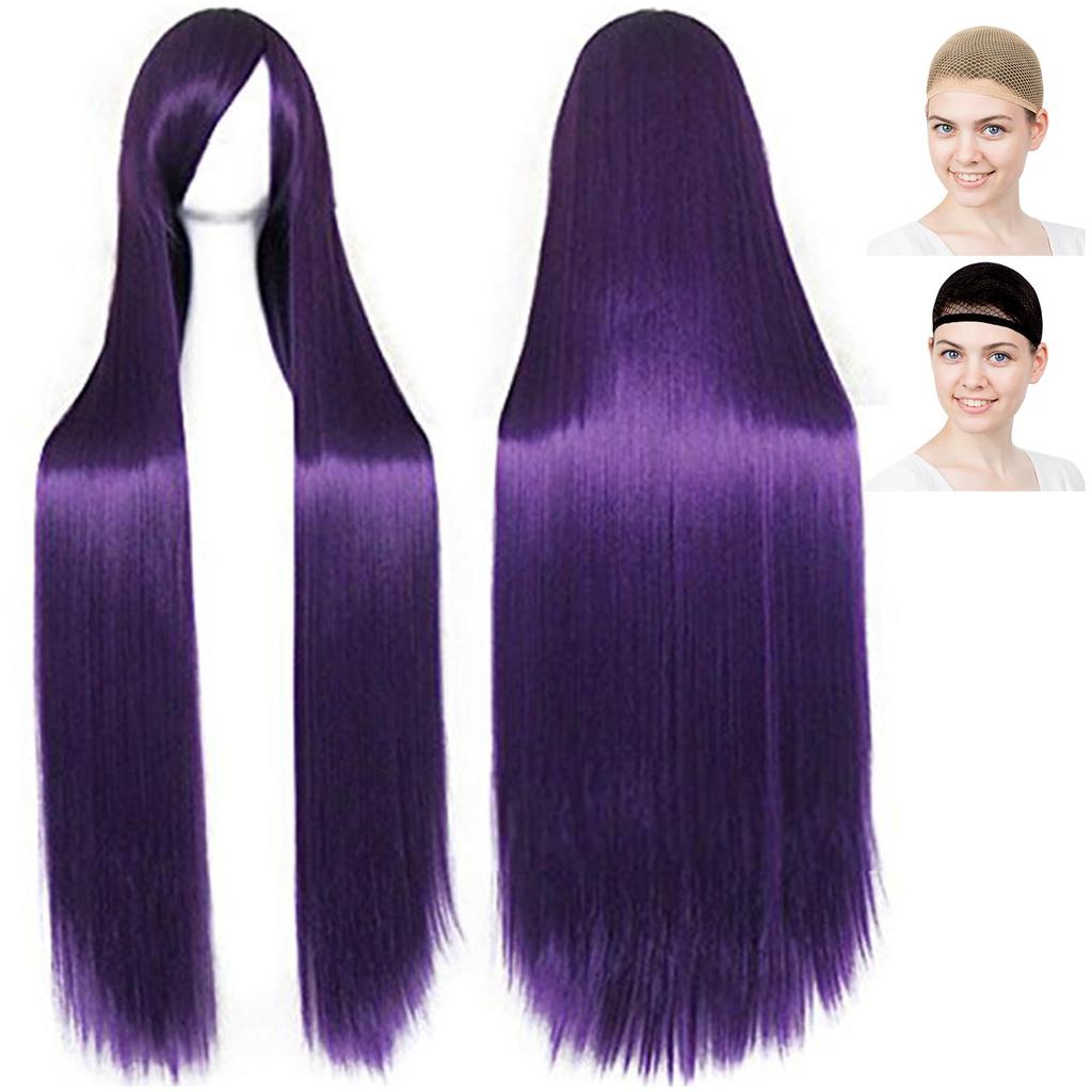 CaseEden Cosplay Wig, Long, Straight, 100cm, Smooth, Dark Purple, Includes 2 Wig Nets