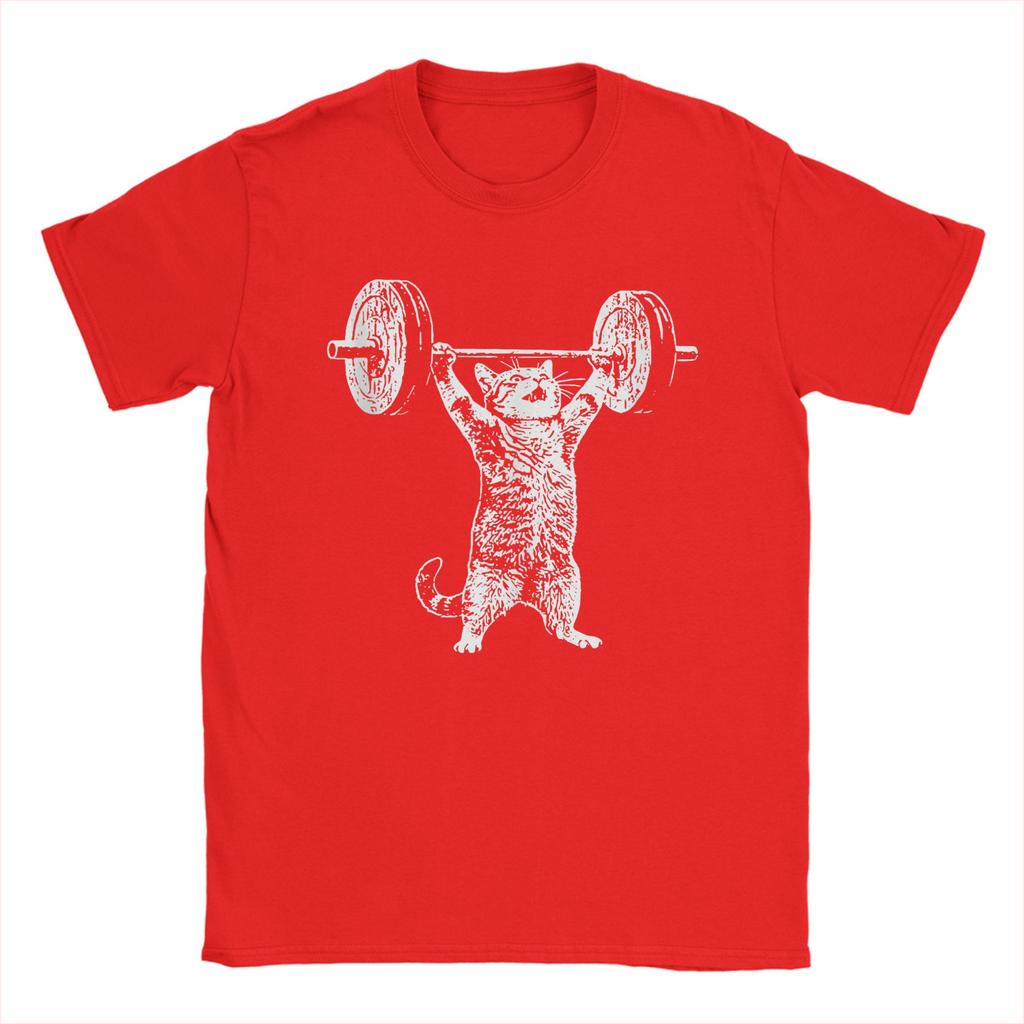 Vintage Retro Weight Lifting Gym Cat T Shirts Men Cotton Vintage TShirts Round Collar Tee Shirt Short Sleeve Clothes Plus Size