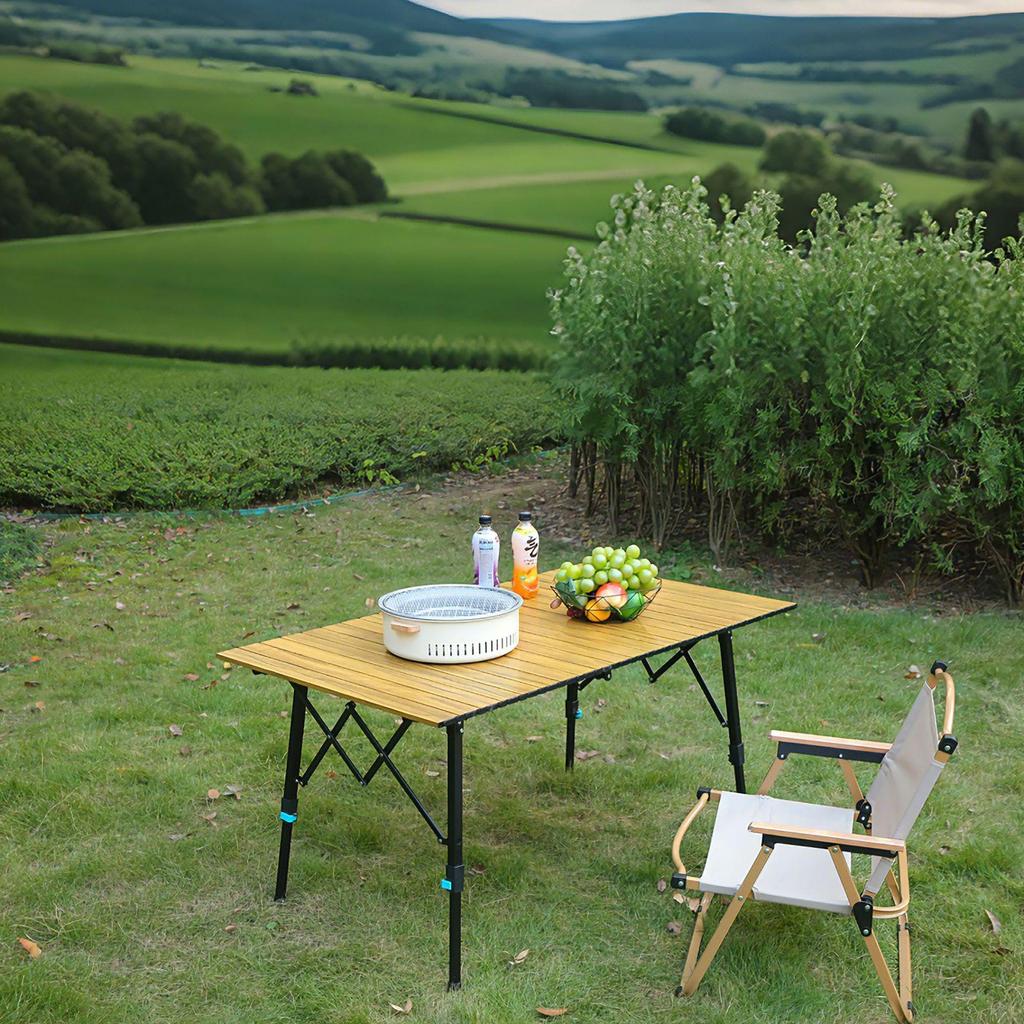 Portable Aluminum Alloy Folding Camping Table with Wood Grain Roll-up Design