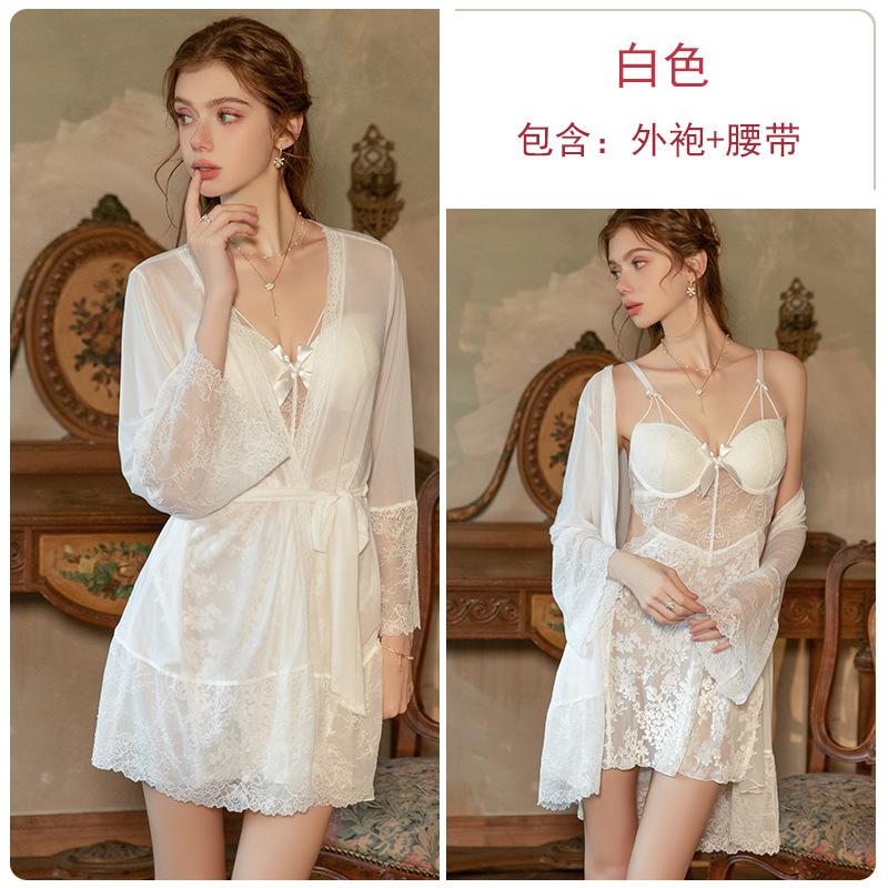 Women's Velvet Mesh Cutout Underwire Push Up Padded Sleep Dress with Robe Lounge Set