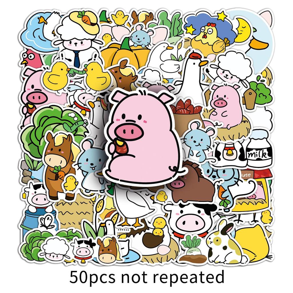 50 Happy Farm Doodle Stickers Cartoon Cute Animal Decorative Water Cup Guka Mobile Phone Case Stickers