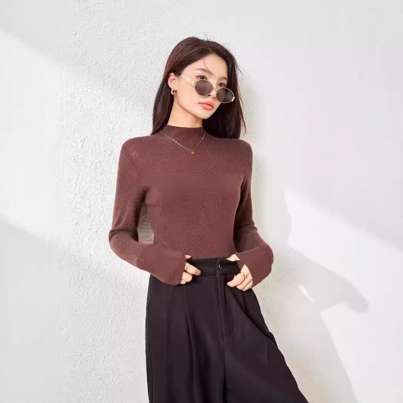 Early Autumn New Micro-transparent Thin Semi-turtleneck Knitted Sweater Silk Wool Blended Bottom with Long-sleeved Top
