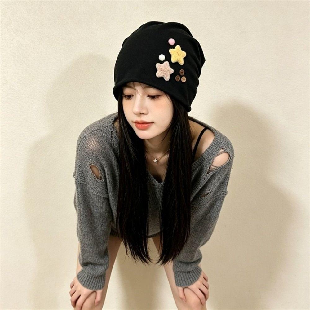 Háčkovaná čepice s hvězdami, volný střih, japonský styl, kukla, odolná, navlékací čepice, venkovní