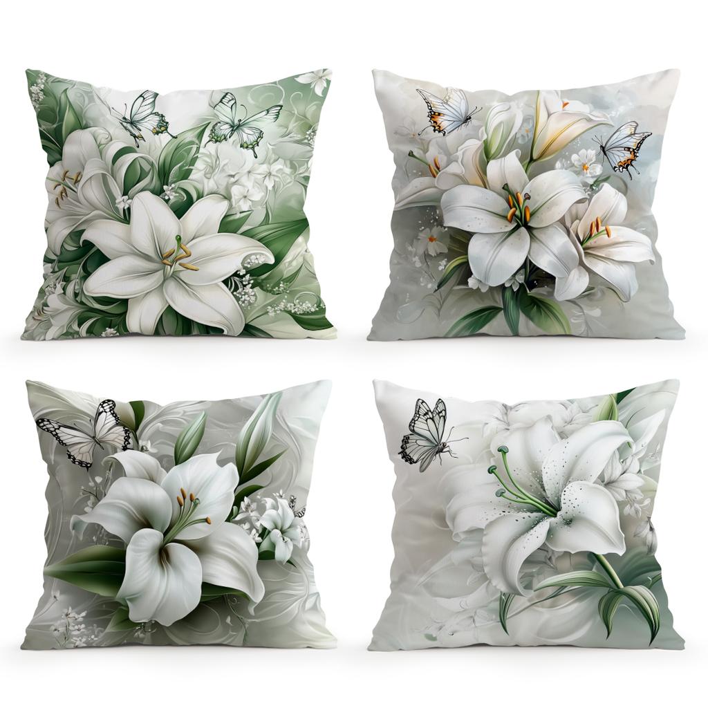 4pcs/set Lilies and Butterflies Cushions Pillowcase Polyester Cushion Cover Throw Pillow Pillowcover Home Car Sofa Decor