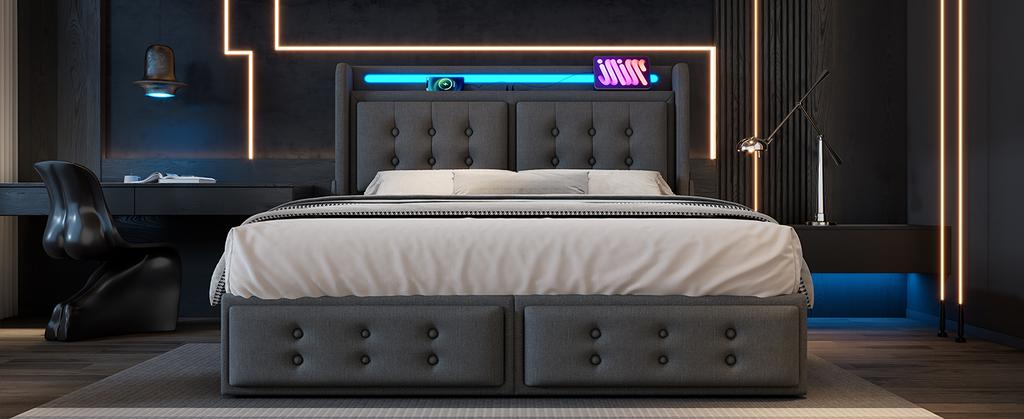Letto imbottito 140x200, Letto matrimoniale, Testiera LED, Ricarica USB C, 4 cassetti, Struttura in legno e metallo, 300 kg, Grigio, Cotone (Senza materasso)