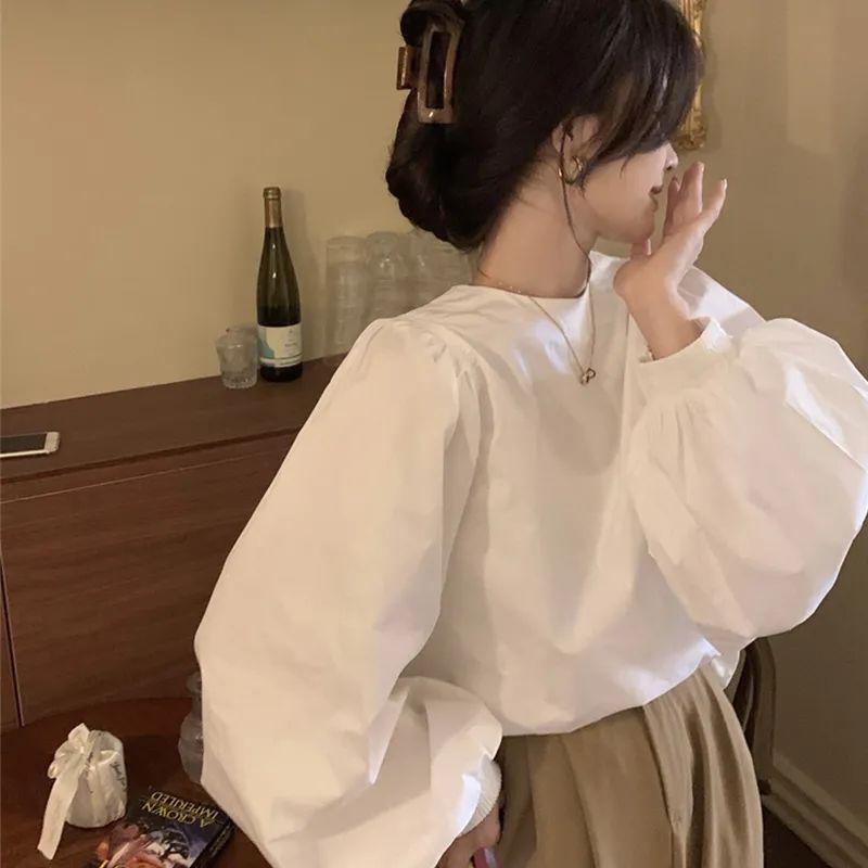 2024 Women's French Lantern Sleeve Shirt - Autumn Design, Loose, Age-Reducing, Versatile Round Neck Bubble Long Sleeve Top