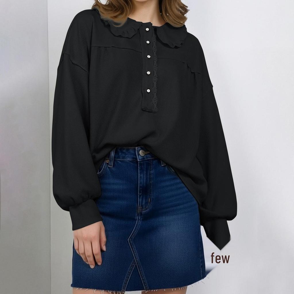 European & American Sweet Style Doll Collar Waffle Knit Long Sleeve Women's Shirt - New Spring Solid Color Design