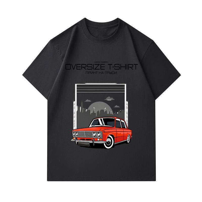 Men's 100% Cotton Crew Neck Short Sleeve T-Shirt, Retro Red Classic Car Urban City Sunset Print Casual Oversized Comfortable Summer Tee For Street Dai