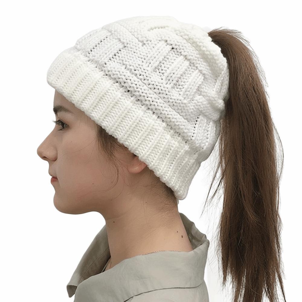 

Crochet Ponytail Winter Hats Knitted Skullies Fashion Knitted Cap Ladies білий
