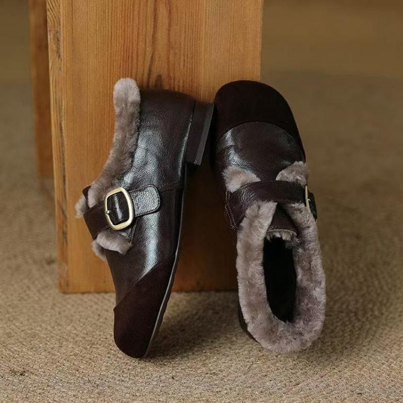 Women's Fashion Flat Cotton Boots Winter New Round Head Splicing Metal Buckle Soft Sole Non-slip Low-top Shoes