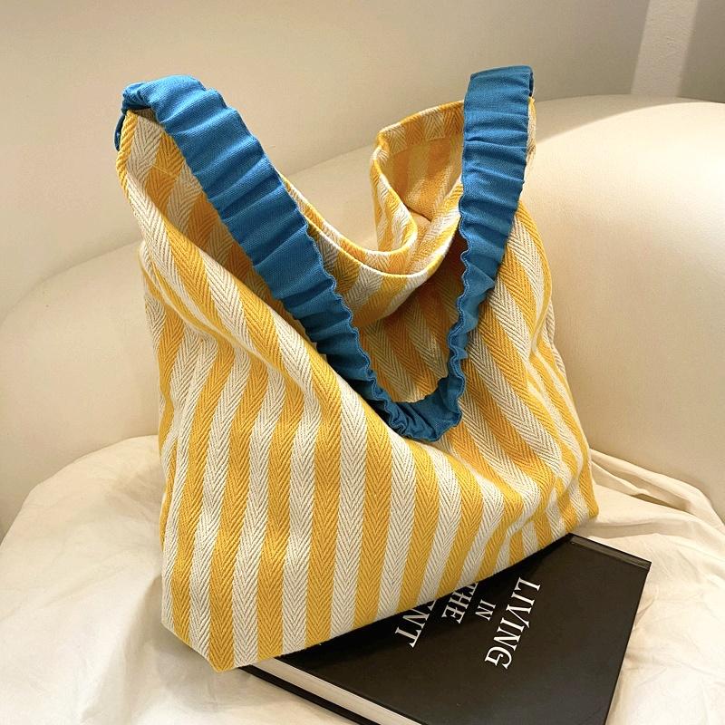 Large Capacity Striped Tote Bag Stylish Yellow & Blue Vertical Stripes, Spacious Shoulder Bag with Ruffled Detail, Perfect for Casual Shopping Bag