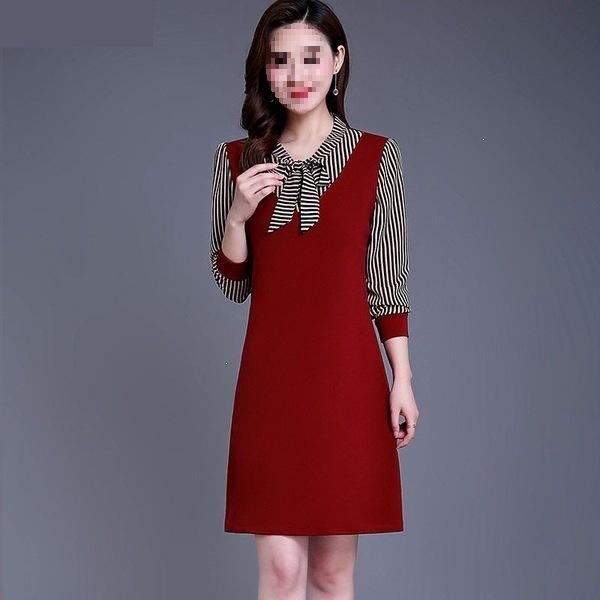 Fashion Mom Striped Bow Splicing Contrasting Color Long Sleeve Dress Women's Spring and Autumn Temperament Fake Two-piece Medium Dress