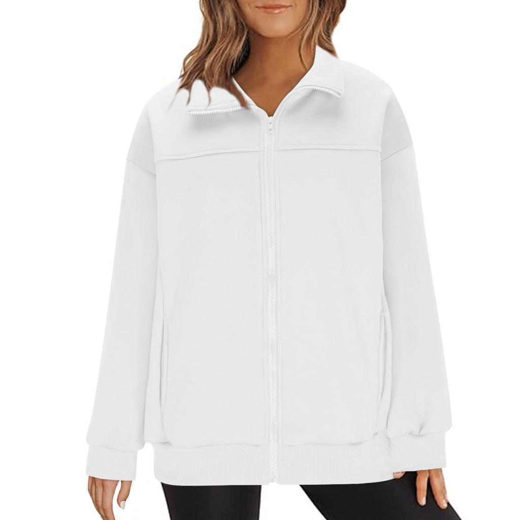 Damenmode Reißverschluss Hoodie Langarm Kapuzenpullover Sweatshirt Lässige einfarbige Oberteile mit Taschen