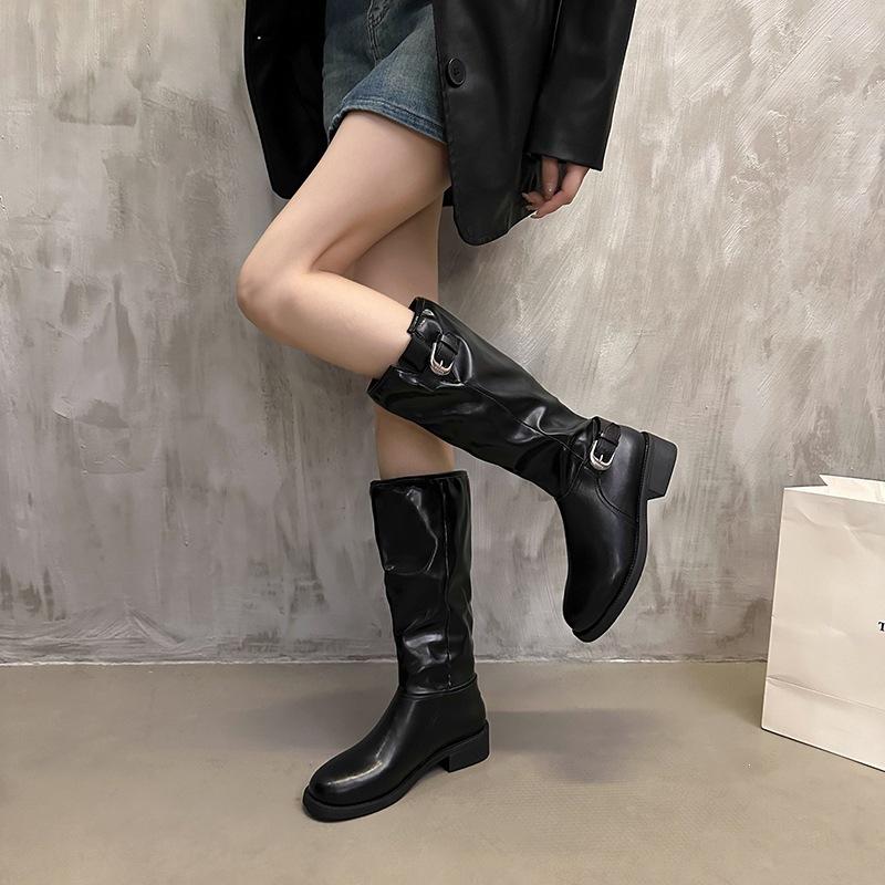 Skinny fashion splicing locomotive boots stacked with autumn belt buckle long boots thick heel knight boots women's new models