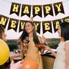 Happy New Year 2026 Banner - Black and Gold Metallic Hanging Bunting Sign with Lettering for New Years Eve Party Decor, Holiday Celebration Backdrop