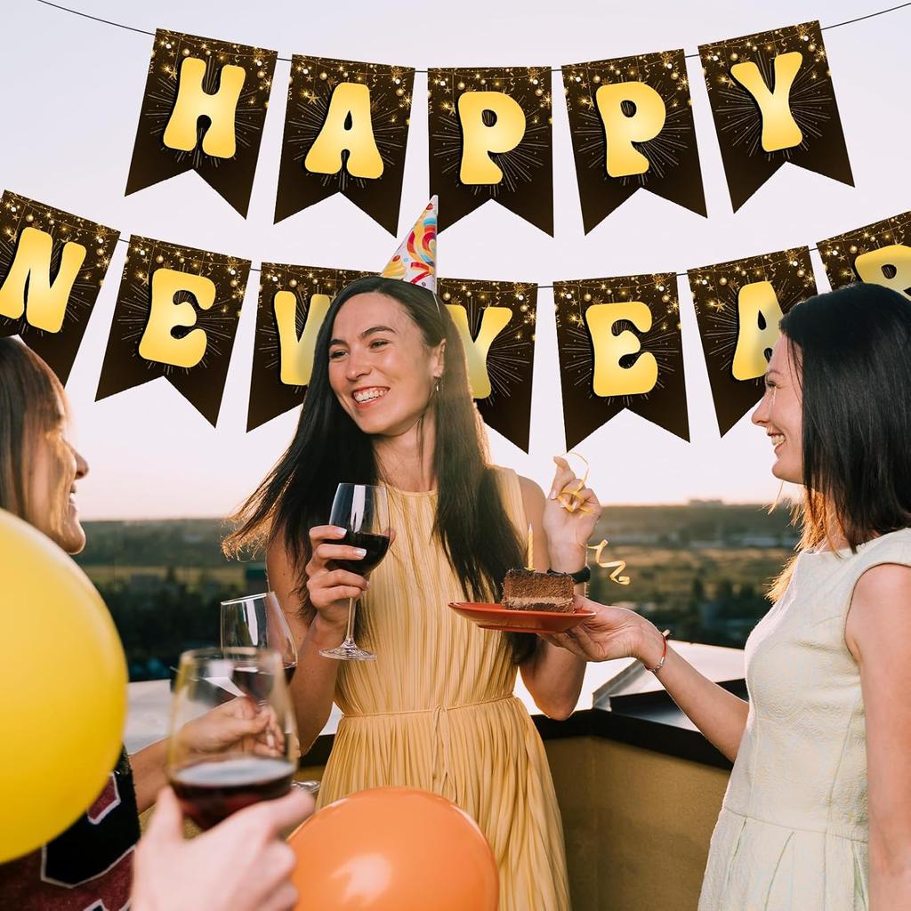 Happy New Year 2026 Banner - Black and Gold Metallic Hanging Bunting Sign with Lettering for New Years Eve Party Decor, Holiday Celebration Backdrop