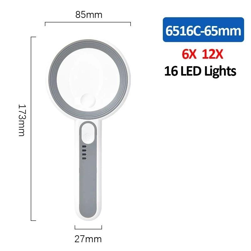 Wiederaufladbare 12x LED-beleuchtete Handlupe 3 Lichtmodi für Senioren zum Lesen, zur Schmuckinspektion und für Handarbeiten