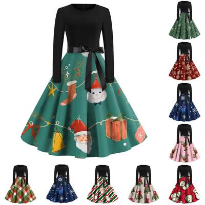 Women's Casual Fashion Round Neck Long Sleeve Christmas Printed Vintage Long Dress