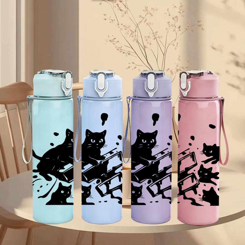 1PC Ink Style Multiple Black Cats 750ml Color Plastic Sports Water Bottle Leakproof Flip Straw Lid For Sports Office Home Use