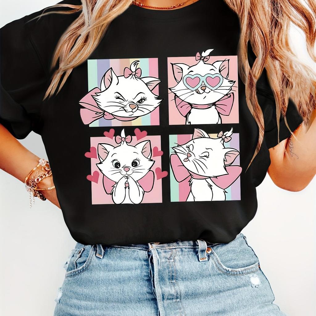 Womens Casual Short Sleeve TShirt Playful Cat 4Panel Graphic Print Round Neck Retro Style