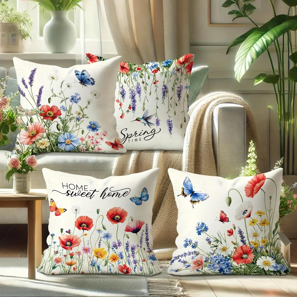 4Pc Floral Butterfly Pattern Home Decor Pillowcase Bedroom Living Room Sofa Decoration Polyester Cushion Cover With Zipper