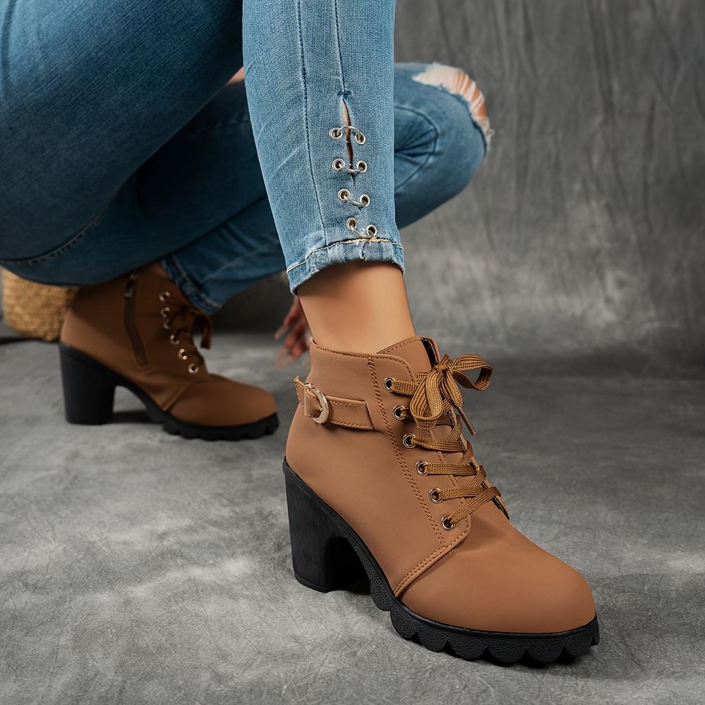 Women'S Mid-Heel Ankle Boots with Side Zipper - Comfortable Faux Cover, Decorative Buckle Design, All-Season Versatile Casual Shoes for Casual Attire