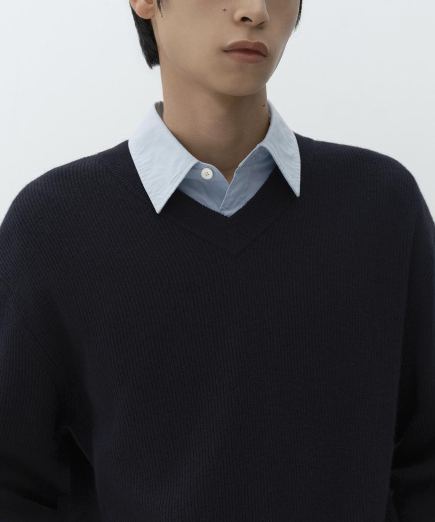 MUSINSA STANDARD [Victoria Wool] Minimal Ribbed V-Neck Knit [Navy]