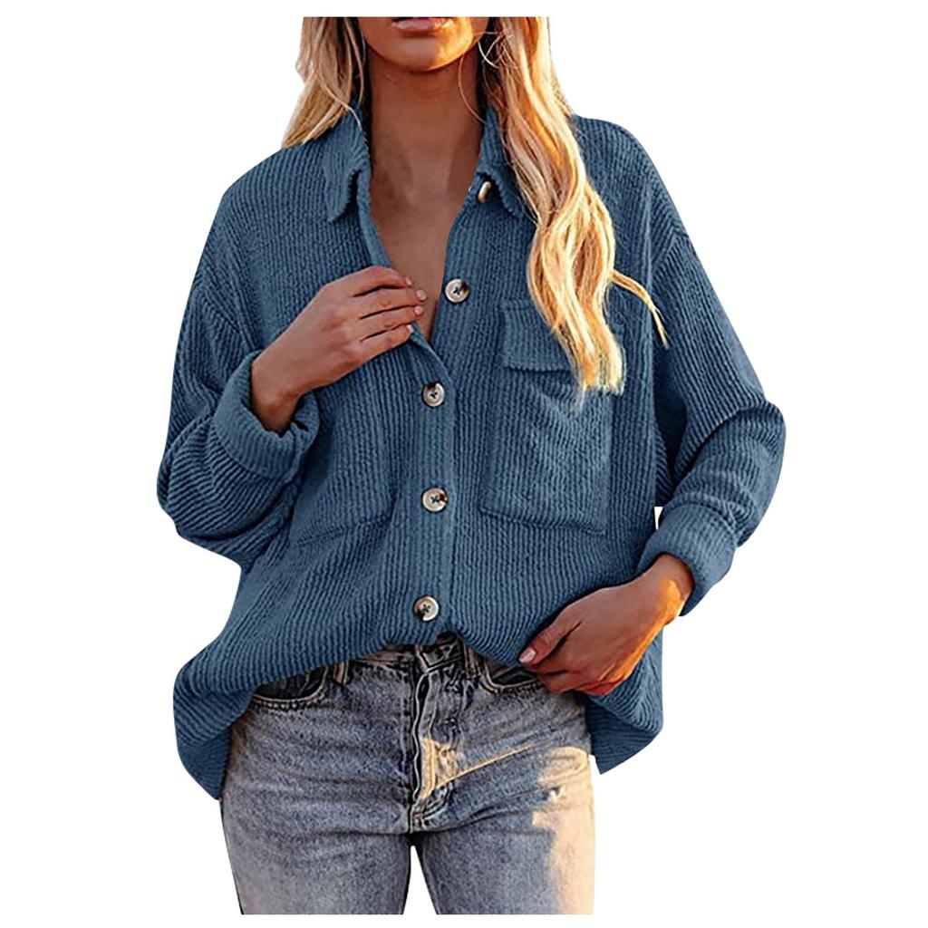 Women's  And Winter Loose Corduroy Lapel Double Pockets Long-Sleeved Shirt Jacket