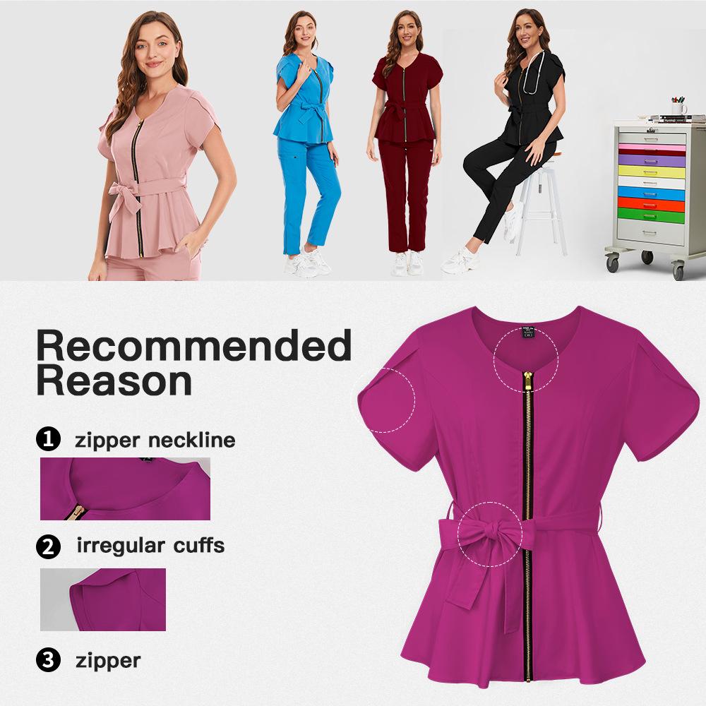 Elastische Taille-Cinchende Ziekenhuis Scrub Set voor Dames - Korte Mouwen Chirurgisch Gaan en Split Broek