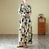 Spring Floral Vacation Style Travel Round Neck Retro Long Skirt with Meat Covering Cotton Linen Dress
