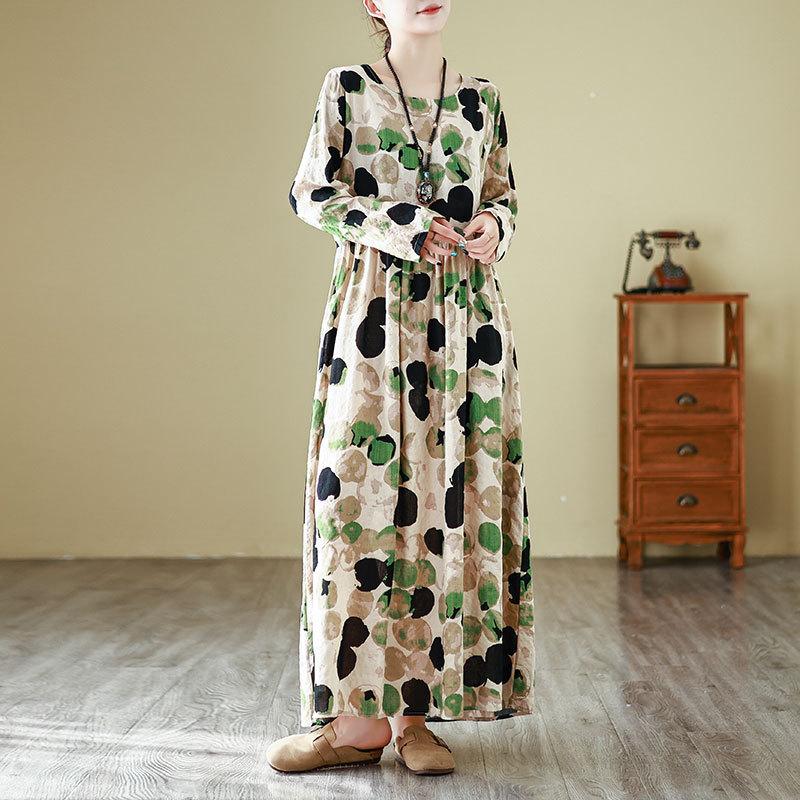 

Осенние литературные женские длинные платья больших размеров с принтом, круглым вырезом и длинными рукавами 3XL