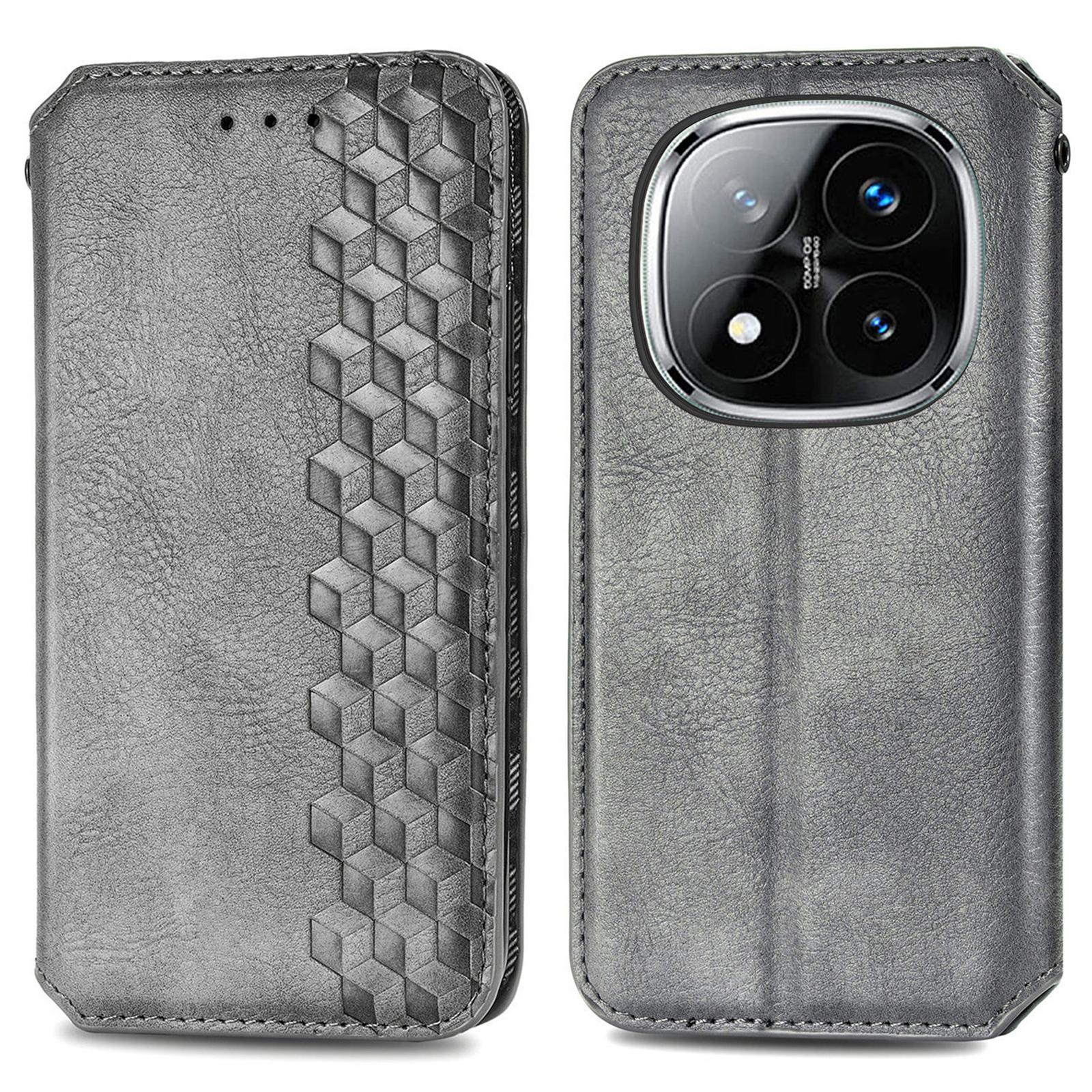 

For Xiaomi Redmi Note 14 Pro+ 5G PU Leather Case Rhombus Imprint Wallet Stand Phone Cover Grey