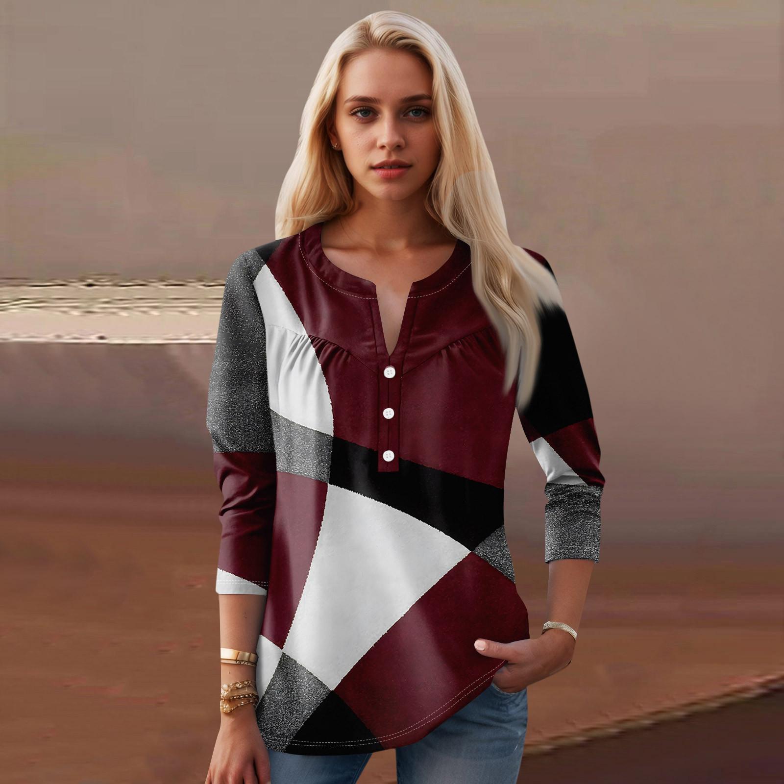 

Женская мода повседневный топ с длинным рукавом и круглым вырезом с цветочным принтом M винный