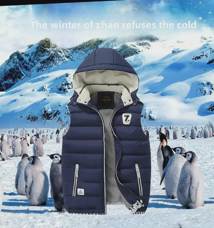 Pánská jednobarevná prošívaná vesta s kapucí z bavlny a prachového peří, módní kardiganová vesta