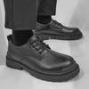 Autumn 2024 Men's Trendy Black Leather Low-Top Lace-Up Casual Outdoor Shoes with Thick Soles