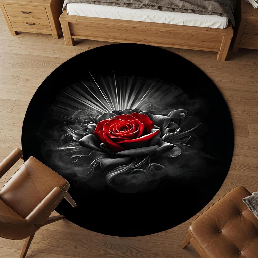 1PC Red Rose Black Background Round Chair mat Area Rug - Non-Slip, Floor Mat for Office, Bedroom, home decor Christmas Gift c0528062