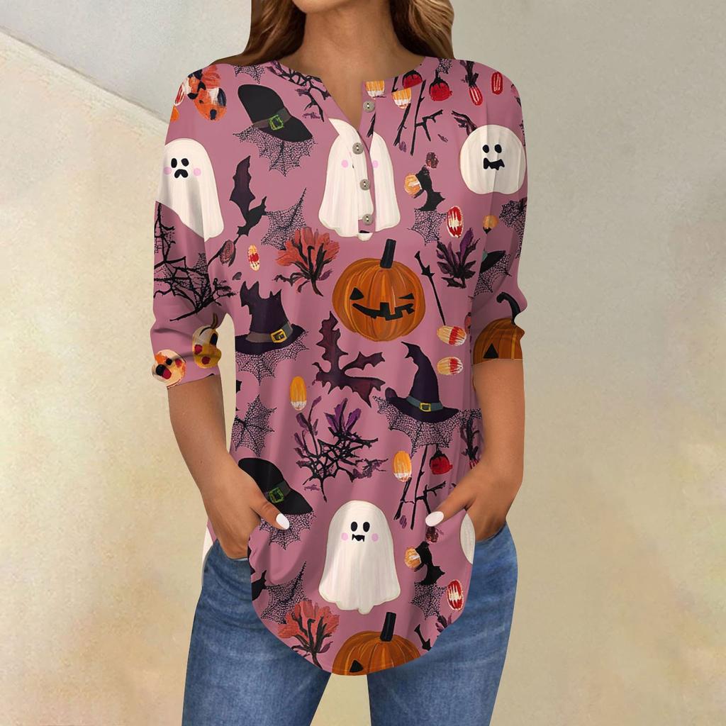 Women's Fashion Loose Button Collar Halloween Print Long Sleeve T-Shirt Top Pullover