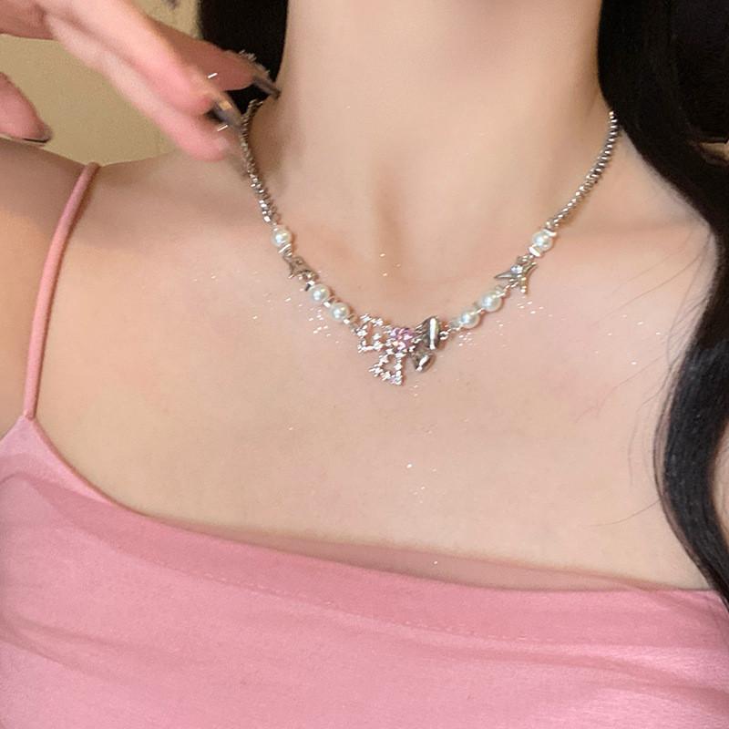 IF ME Elegant Bow Beads Necklace for Women Zircon Artificial Pearls Necklaces Silver Chain Accessories Jewelry