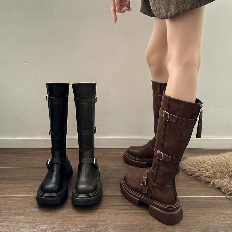 Black Small American Thin Thick-soled Western Cowboy Boots Women's 2025 New Autumn and Winter Heightening Retro Boots