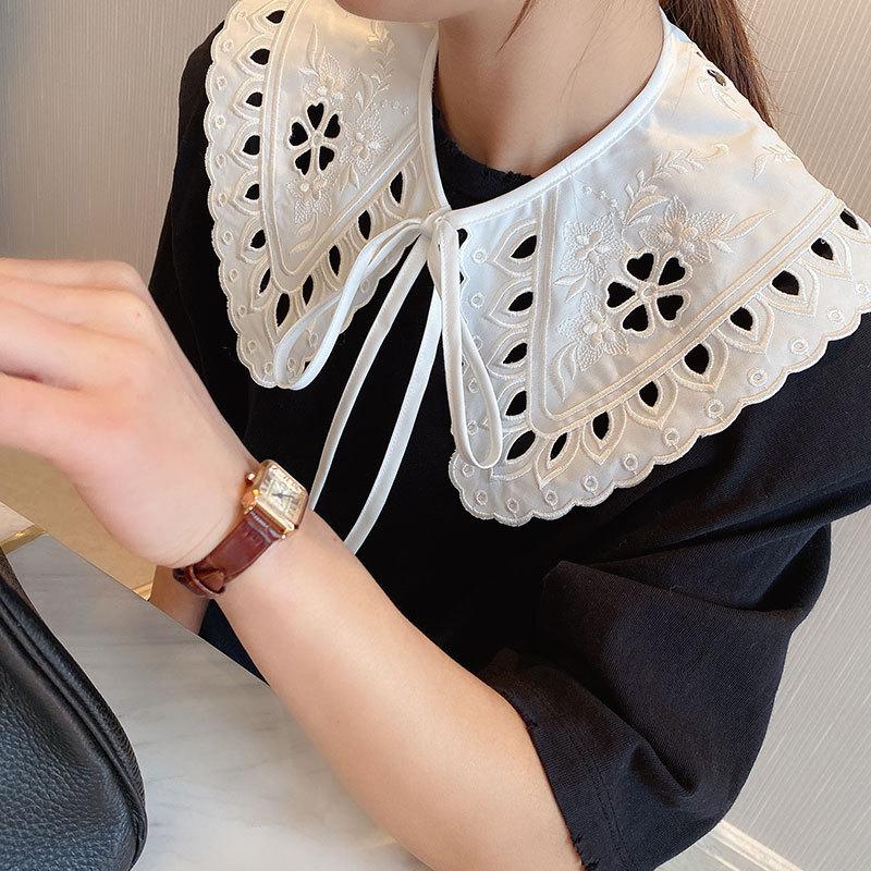 Classic White Detachable Fake Collar Shirt Fake Tie Vintage Embroidered Women Elegant Dress Women Tied Overhead Cotton Shawl