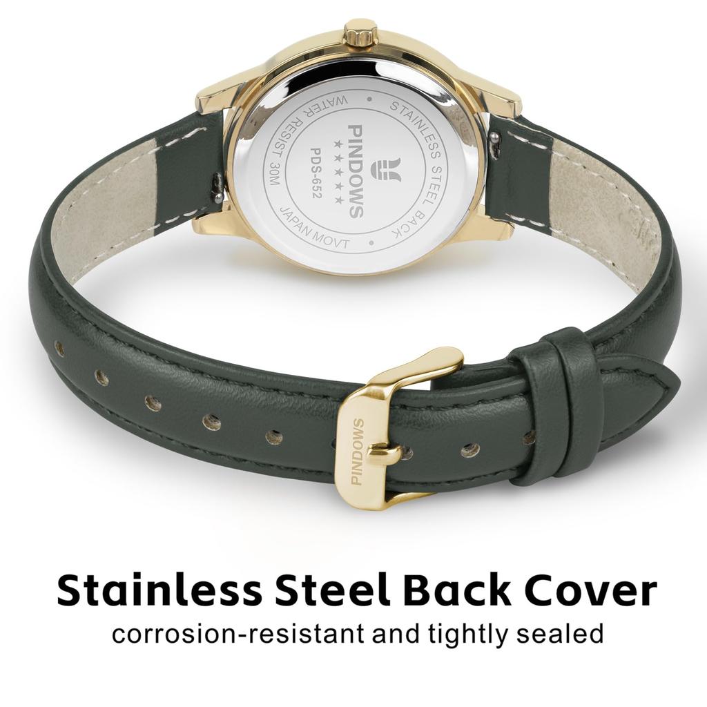 PINDOWS Damski Slim Minimalistyczny Zegarek Kwarcowy Analogowy z Czarnym Skórzanym Paskiem i Kopertą w Odcieniu Złota - Stylowy i Elegancki Zegarek na Co Dzień
