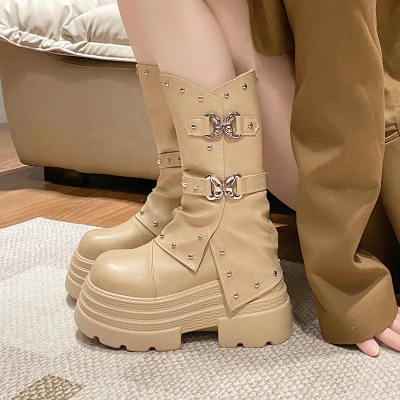 Móda 9,5CM Dámské platformové motorkářské boty Klínkové podpatky Kožené boty do půli lýtek Dámské Zimní Teplé Robustní Tenisky Gotické Botas Mujer