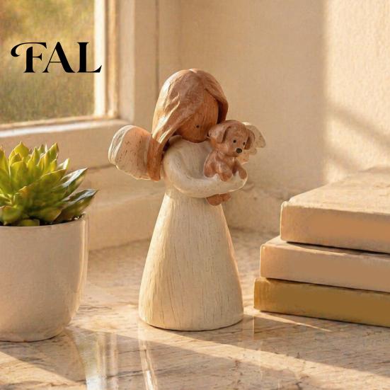 Pet Memorial Gifts for Dog Lovers Angel Holding Puppy Figurine, Cute Resin Statue Home Durable Craft Desk Decor, Handcrafted Wood Carving Texture