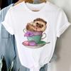 Pink Women Tshirts Casual Cute Cartoon Hedgehog Floral Graphic Print Female Tee Tops Harajuku Fashion Short Sleeve T Shirt Femme