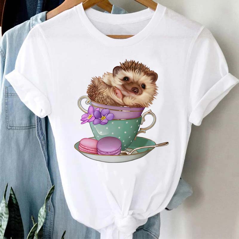 Pink Women Tshirts Casual Cute Cartoon Hedgehog Floral Graphic Print Female Tee Tops Harajuku Fashion Short Sleeve T Shirt Femme