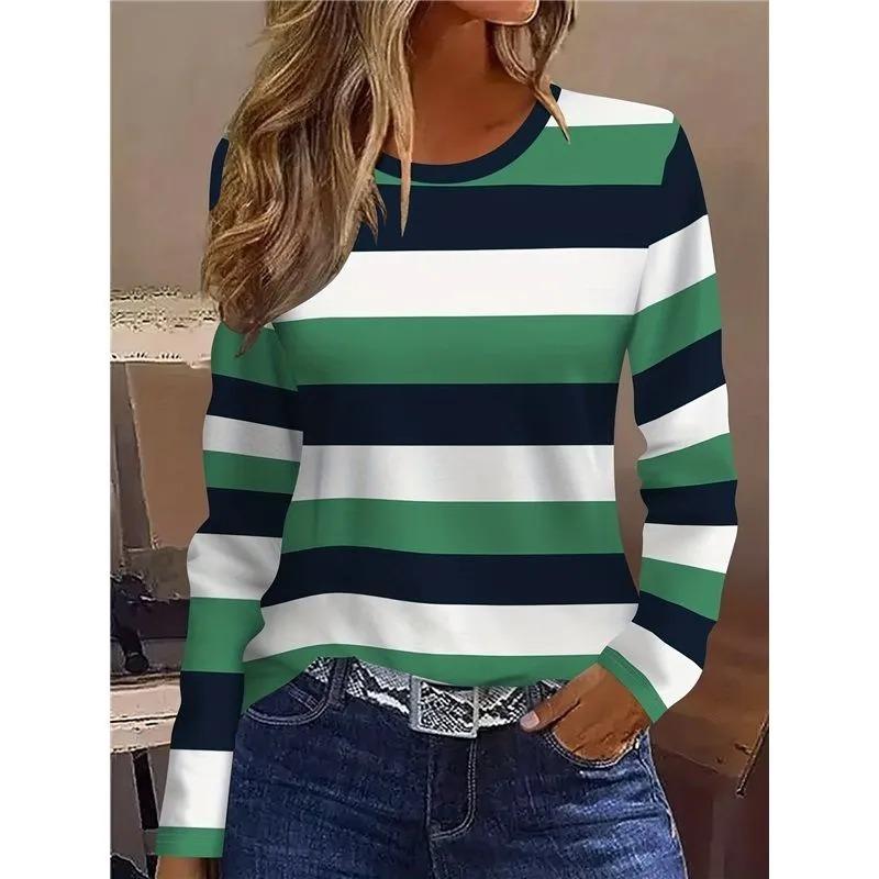 Autumn Women's 3D Color Striped Print Crew Neck Long Sleeve T-Shirt