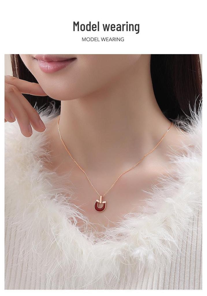Tichya Red Agate Horseshoe Buckle Necklace, Women's S925 Sterling Silver, Chinese Style Niche Coin Collarbone Chain