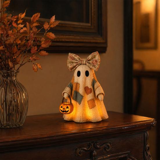 Lighted Vintage Patchwork Ghost LED Light Ghost with Pumpkin Lantern Halloween Decor Vintage