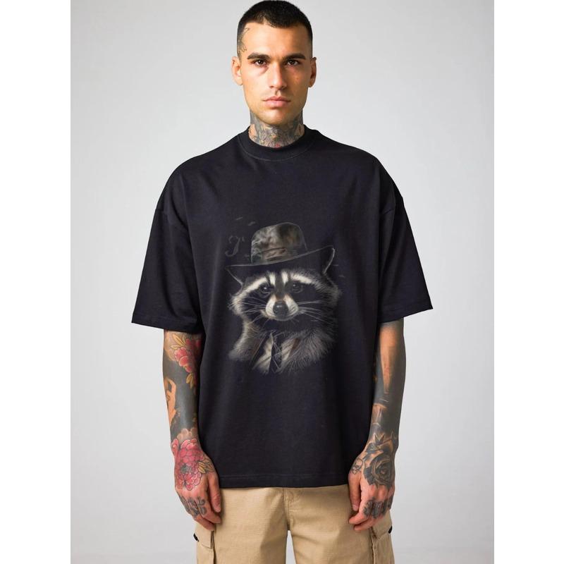 Oversized T Shirt Black Raccoon Wearing Hat And Suit Print Casual Streetwear For Men