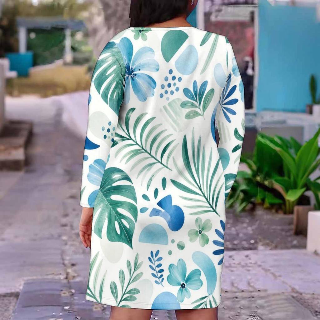 Women Plus Size V Neck Long Sleeve Tropical Leaf Printed Fitted Midi Dress